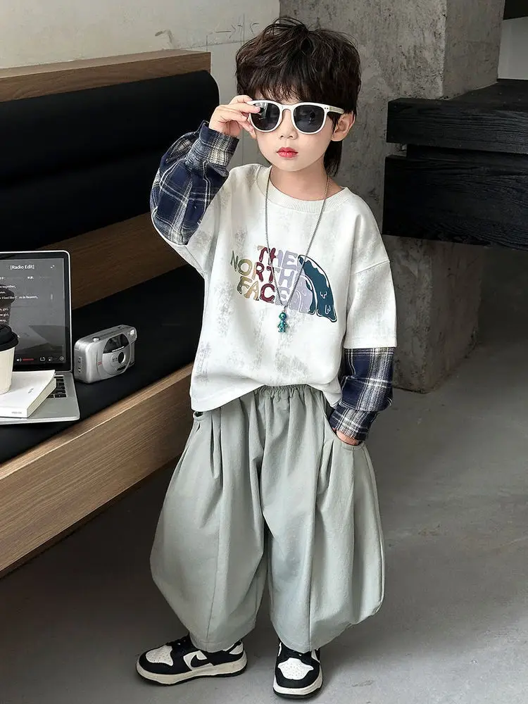 Boys 2-Piece Sweatshirt Set Light Green Plaid Long Sleeve T-Shirt - Image 6