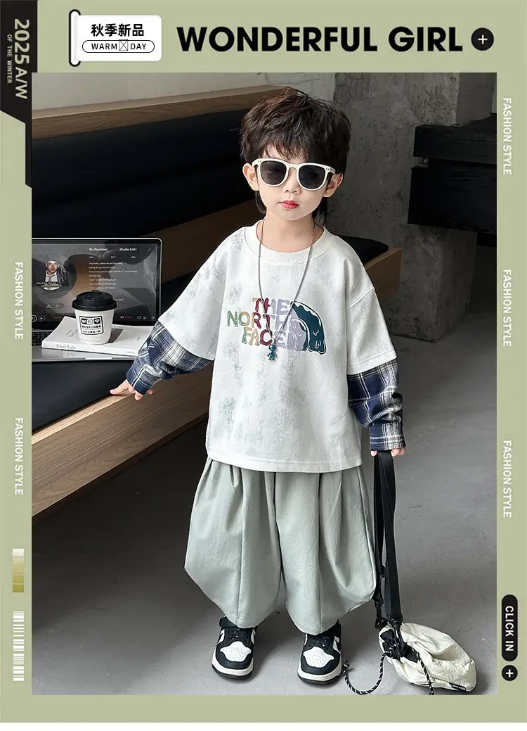 Boys 2-Piece Sweatshirt Set Light Green Plaid Long Sleeve T-Shirt — feature 1