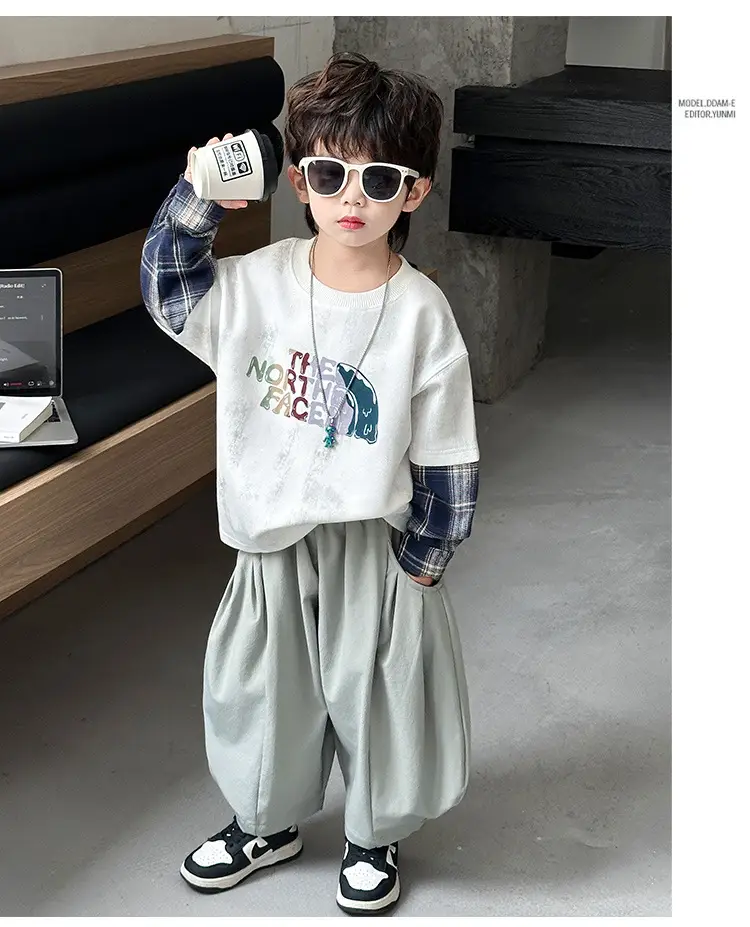 Boys 2-Piece Sweatshirt Set Light Green Plaid Long Sleeve T-Shirt — feature 10