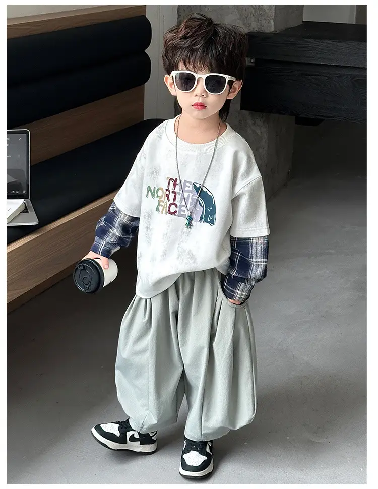 Boys 2-Piece Sweatshirt Set Light Green Plaid Long Sleeve T-Shirt — feature 11