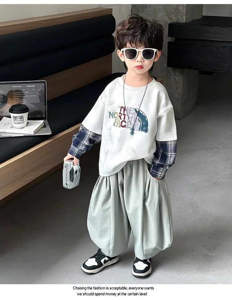 Boys 2-Piece Sweatshirt Set Light Green Plaid Long Sleeve T-Shirt — feature 12