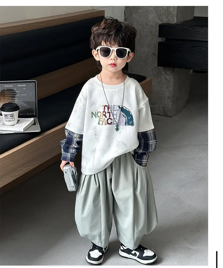 Boys 2-Piece Sweatshirt Set Light Green Plaid Long Sleeve T-Shirt — feature 13