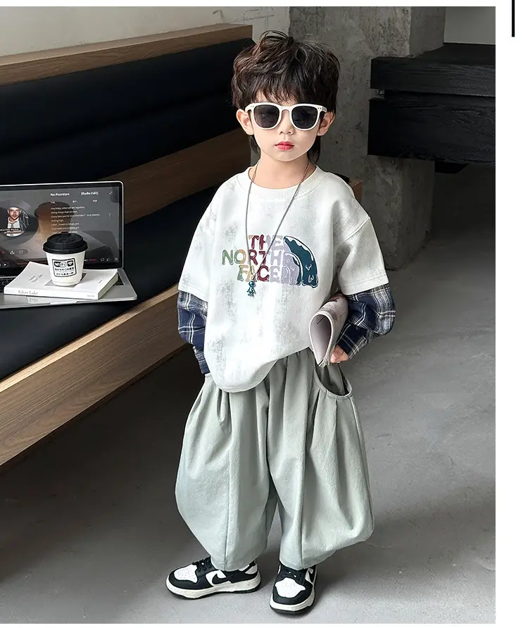 Boys 2-Piece Sweatshirt Set Light Green Plaid Long Sleeve T-Shirt — feature 14