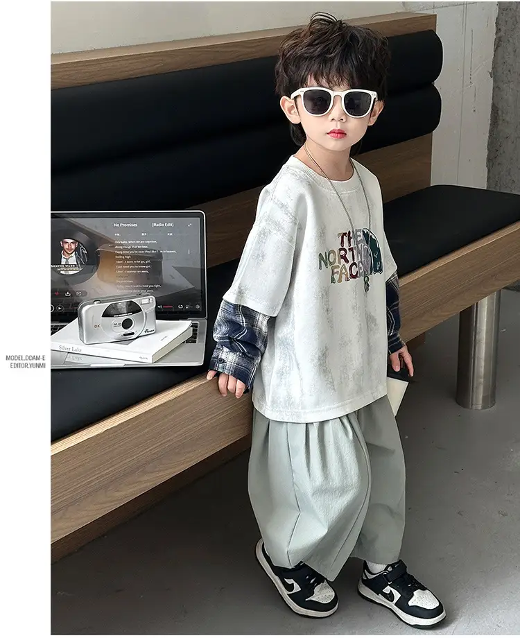 Boys 2-Piece Sweatshirt Set Light Green Plaid Long Sleeve T-Shirt — feature 16
