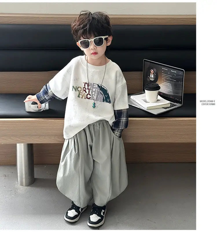 Boys 2-Piece Sweatshirt Set Light Green Plaid Long Sleeve T-Shirt — feature 17