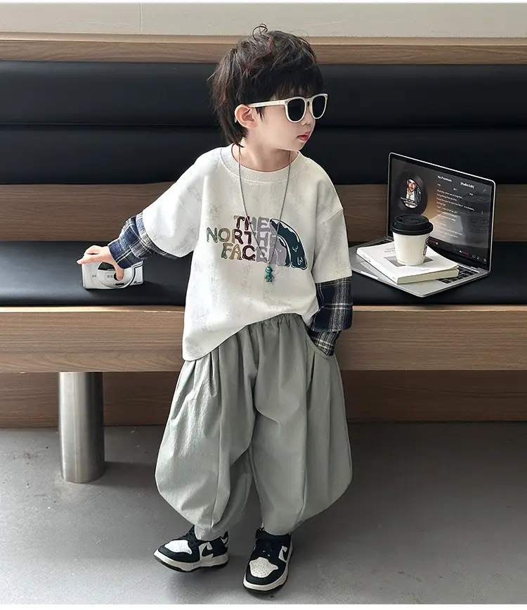 Boys 2-Piece Sweatshirt Set Light Green Plaid Long Sleeve T-Shirt — feature 18