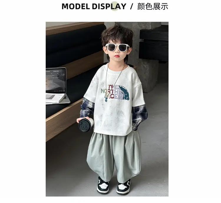 Boys 2-Piece Sweatshirt Set Light Green Plaid Long Sleeve T-Shirt — feature 6