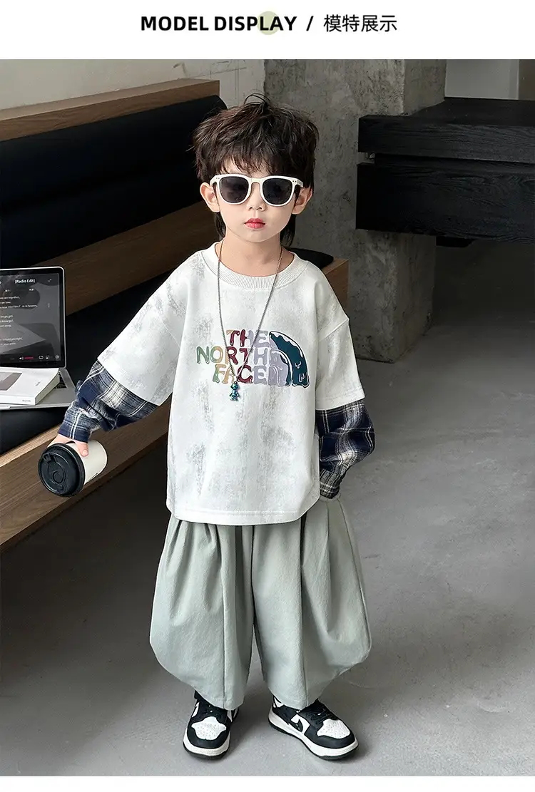 Boys 2-Piece Sweatshirt Set Light Green Plaid Long Sleeve T-Shirt — feature 8