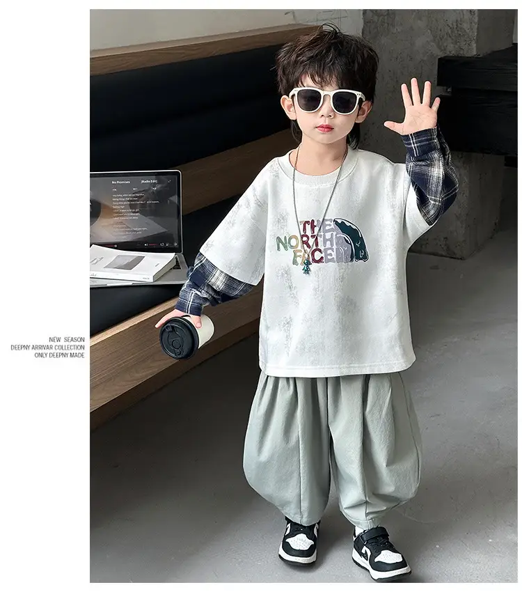 Boys 2-Piece Sweatshirt Set Light Green Plaid Long Sleeve T-Shirt — feature 9