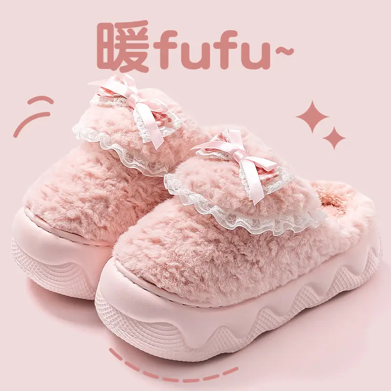 Women's Warm Plush Maternity Slippers with Bow - Image 2