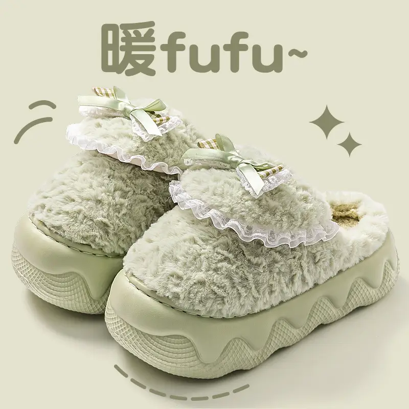 Women's Warm Plush Maternity Slippers with Bow - Image 3