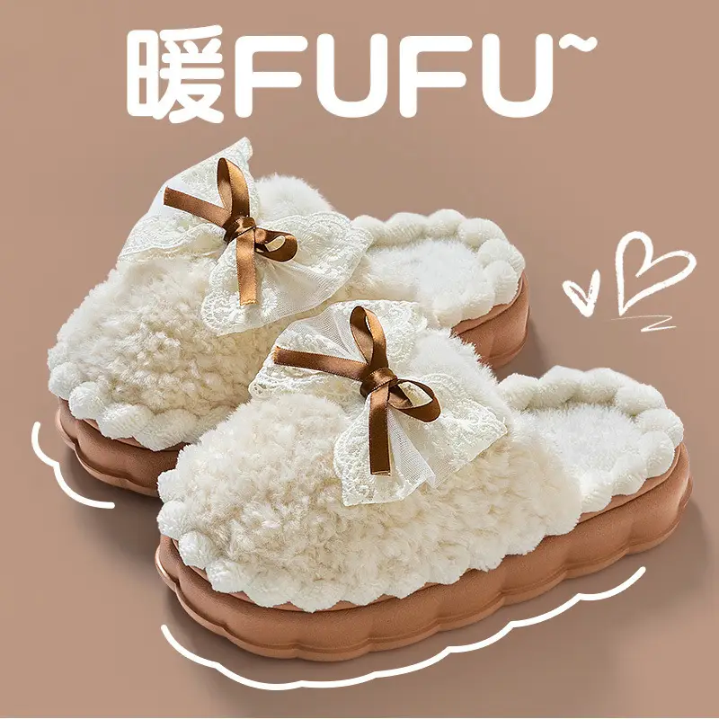 Women's Warm Plush Maternity Slippers with Bow - Image 5