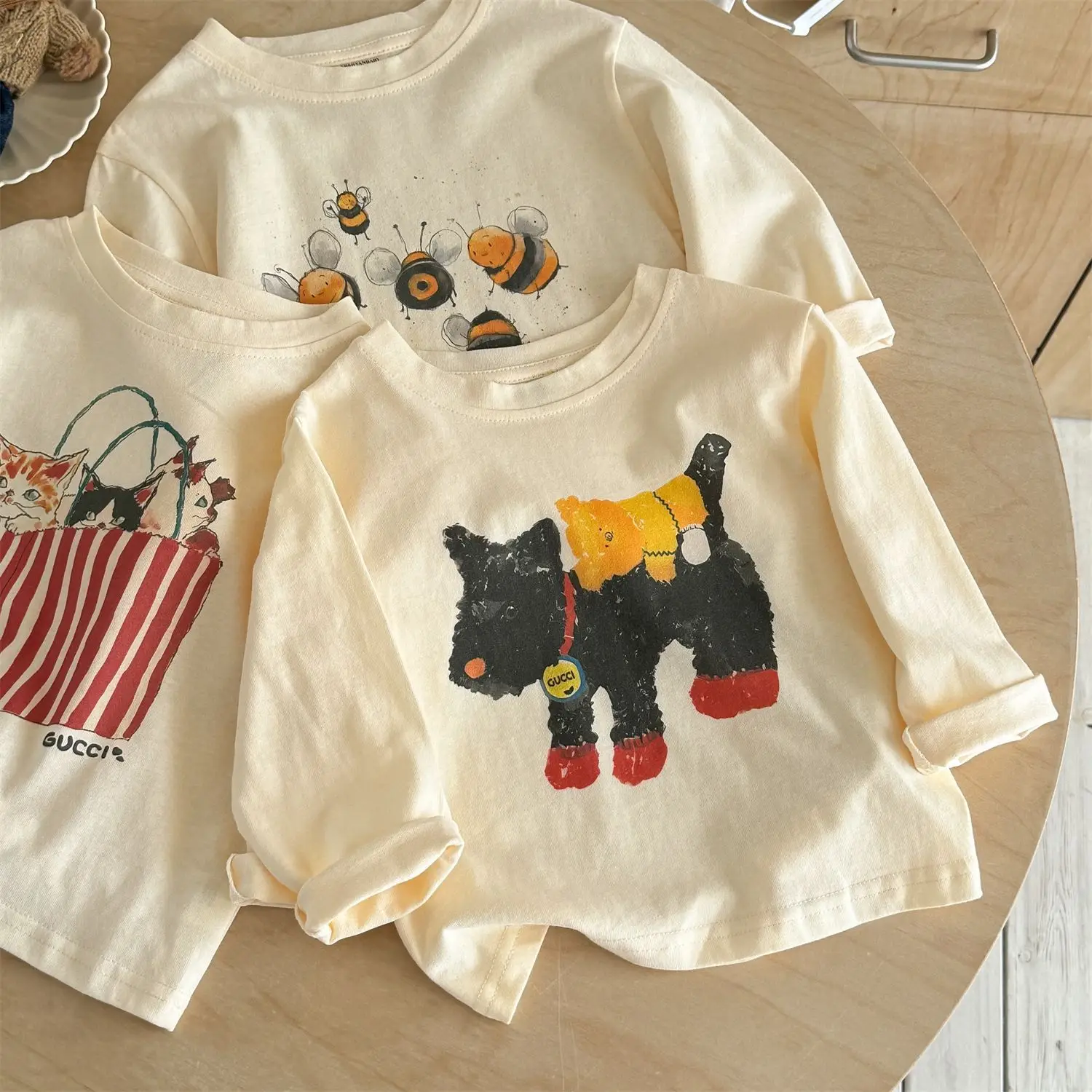 Ningli Boys Cartoon Bee Print Long Sleeve T-Shirt Cream