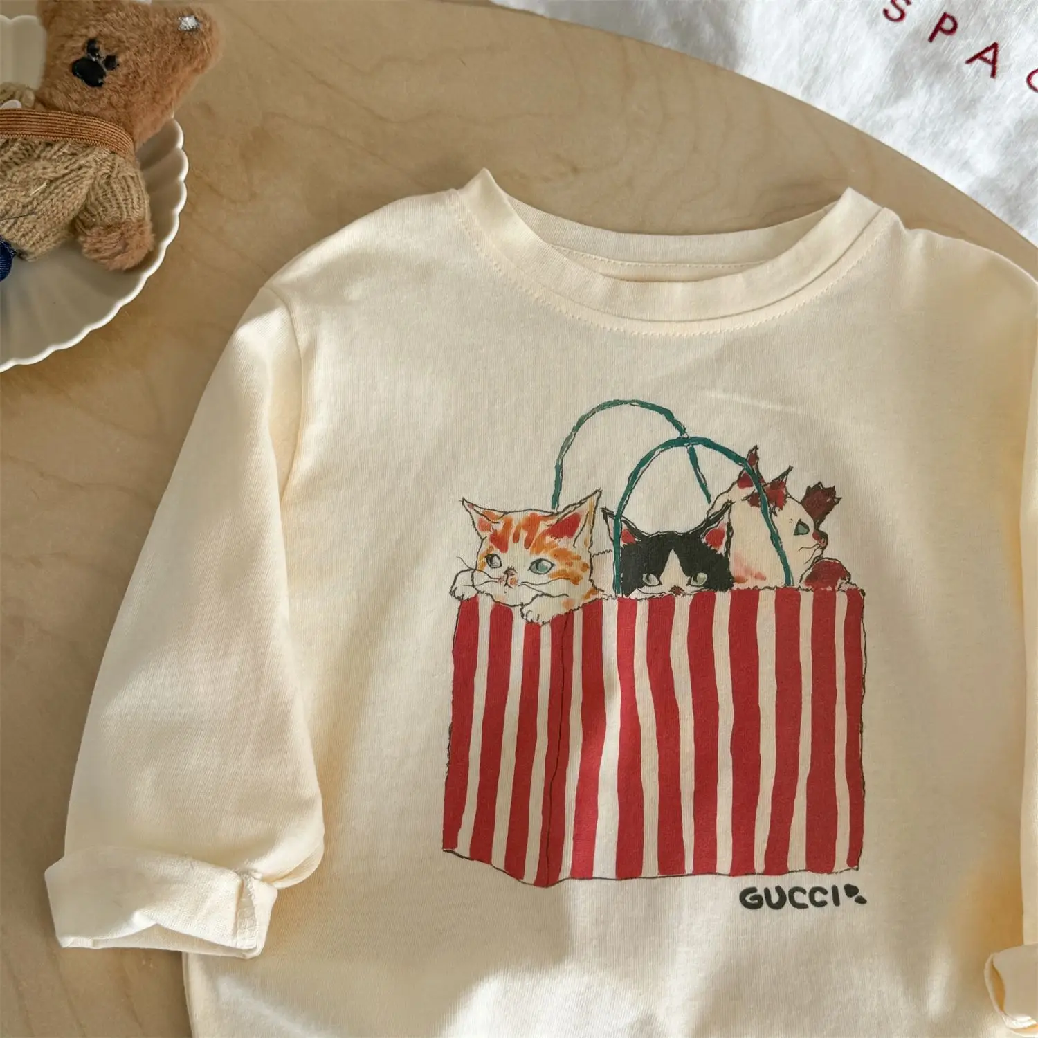 Ningli Boys Cartoon Bee Print Long Sleeve T-Shirt Cream — feature 18