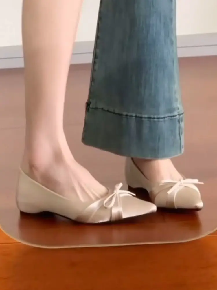 Fashionable Versatile Women's Shoes with Hidden Height Increase, 2026 Autumn New French Style Slip-On Pointed Toe Bowknot Flats — feature 2