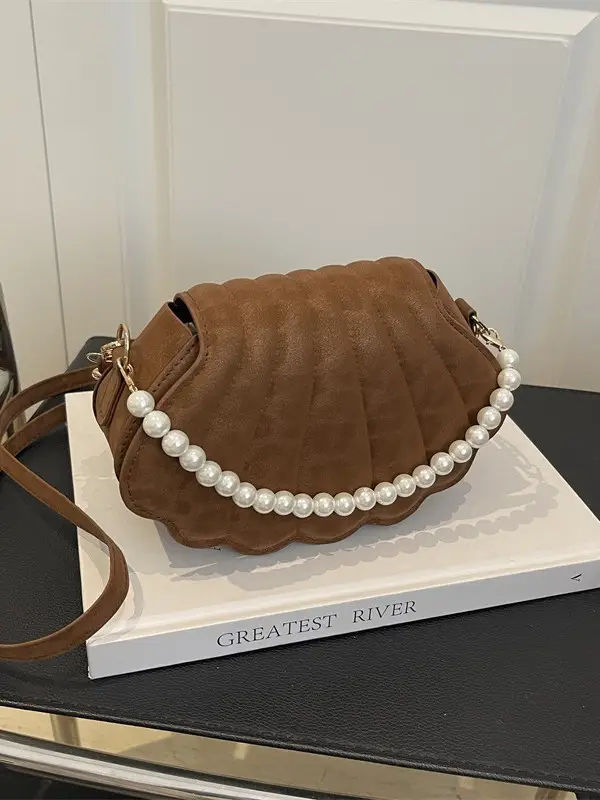 Women's Pearl Chain Shell Bag Brown Crossbody Shoulder - Image 5