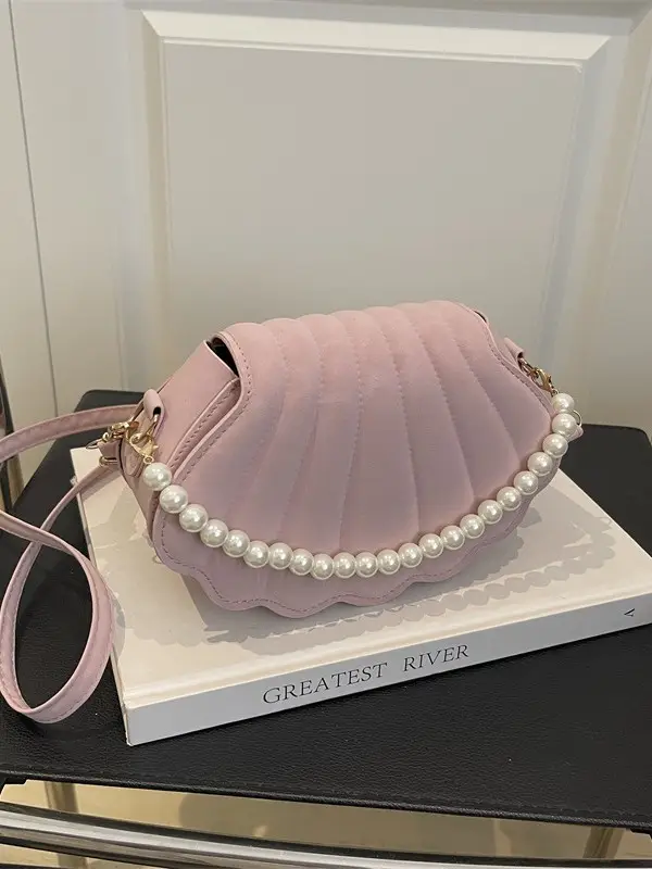 Women's Pearl Chain Shell Bag Brown Crossbody Shoulder - Image 6