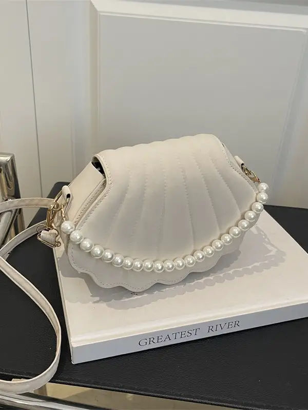 Women's Pearl Chain Shell Bag Brown Crossbody Shoulder - Image 7