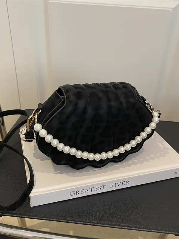 Women's Pearl Chain Shell Bag Brown Crossbody Shoulder - Image 8