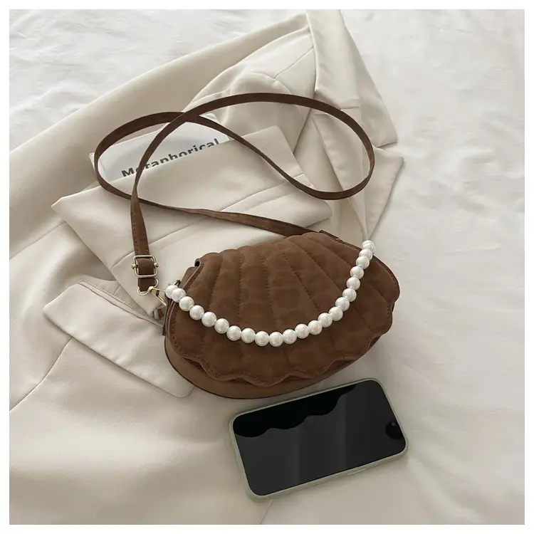 Women's Pearl Chain Shell Bag Brown Crossbody Shoulder — feature 10