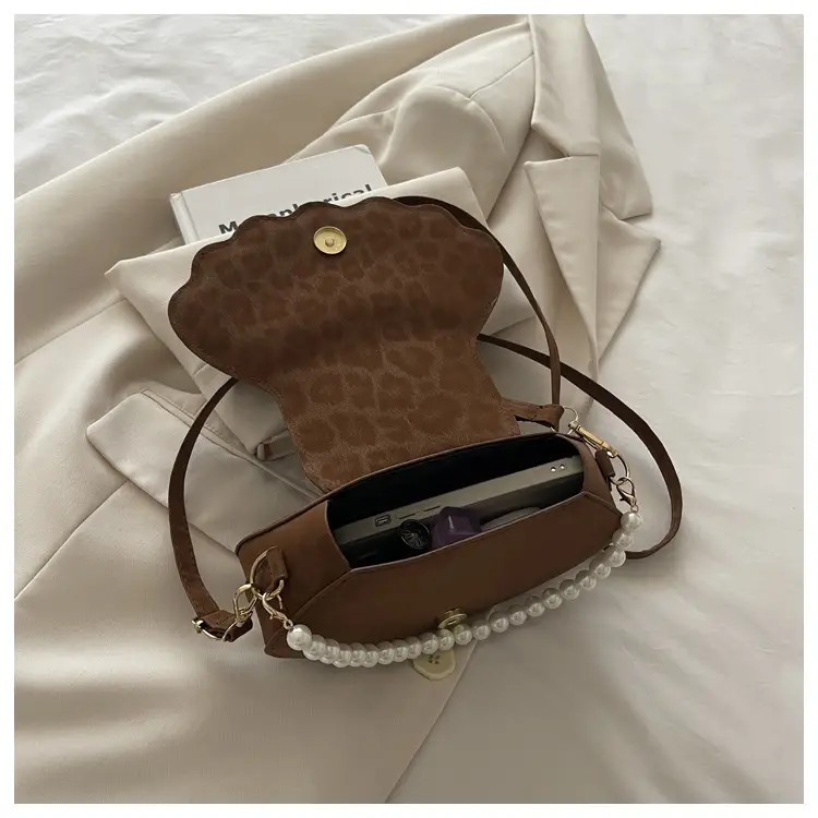 Women's Pearl Chain Shell Bag Brown Crossbody Shoulder — feature 12