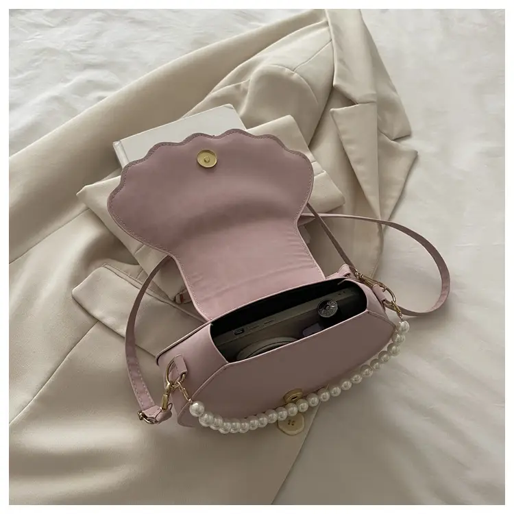 Women's Pearl Chain Shell Bag Brown Crossbody Shoulder — feature 15