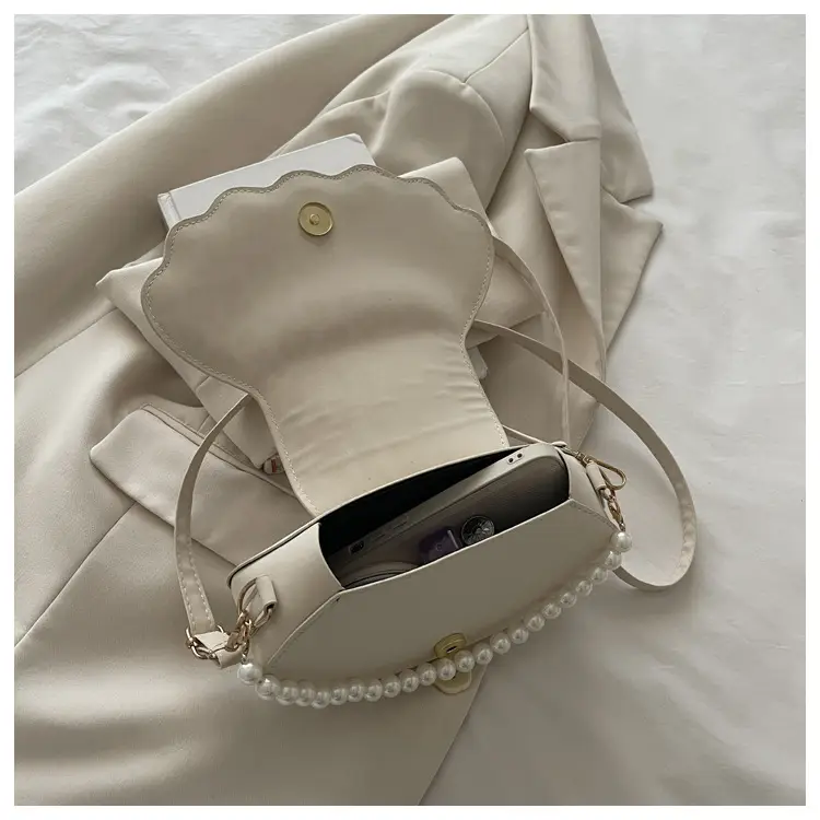 Women's Pearl Chain Shell Bag Brown Crossbody Shoulder — feature 18