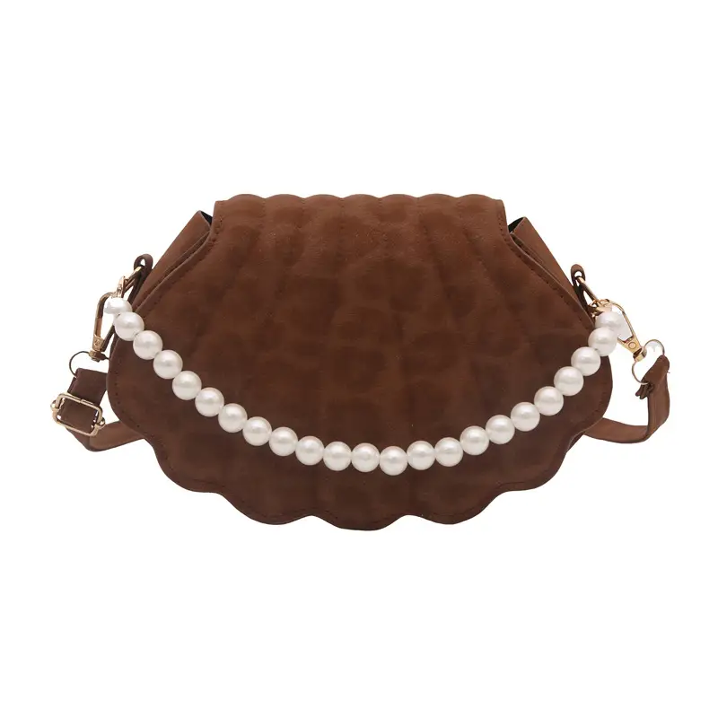 Women's Pearl Chain Shell Bag Brown Crossbody Shoulder - Image 3