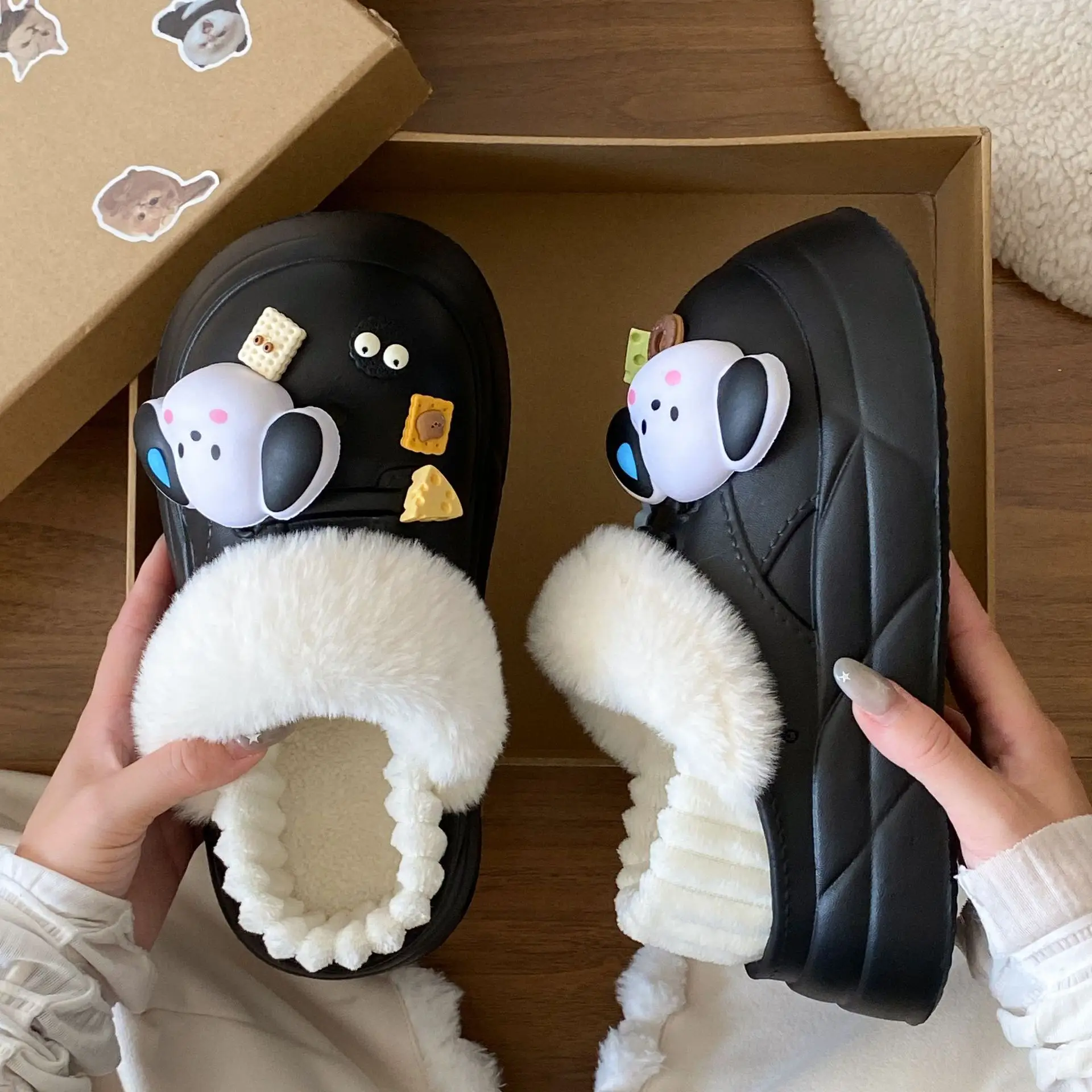 Warm Winter Dog Slippers Black with Faux Fur - Image 48