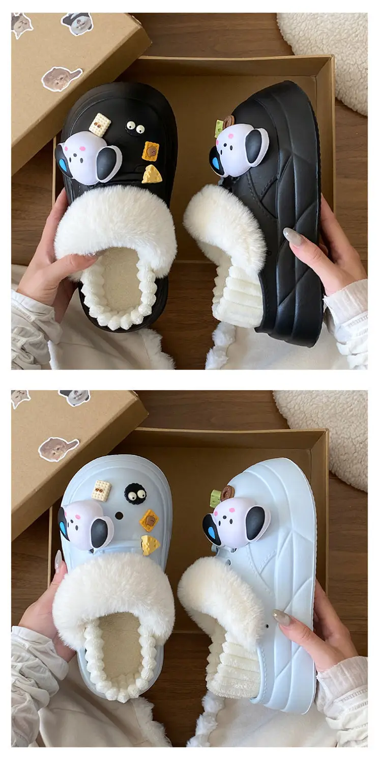 Warm Winter Dog Slippers Black with Faux Fur — feature 18