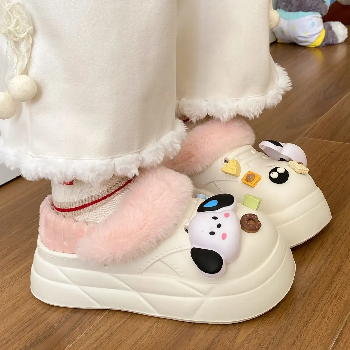 Warm Winter Dog Slippers Black with Faux Fur — feature 31
