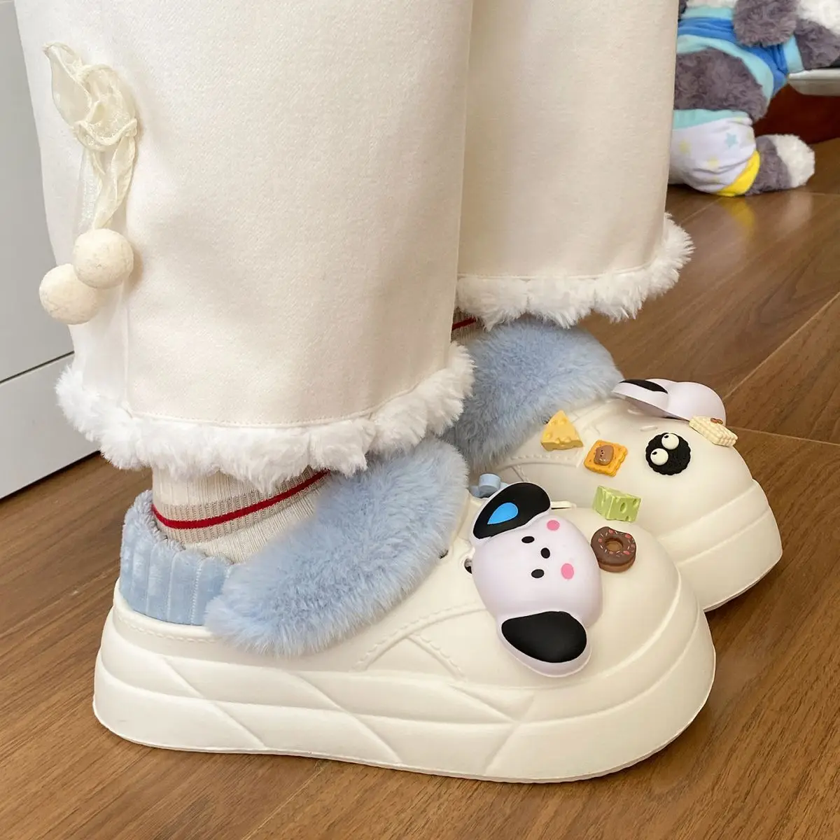 Warm Winter Dog Slippers Black with Faux Fur — feature 32