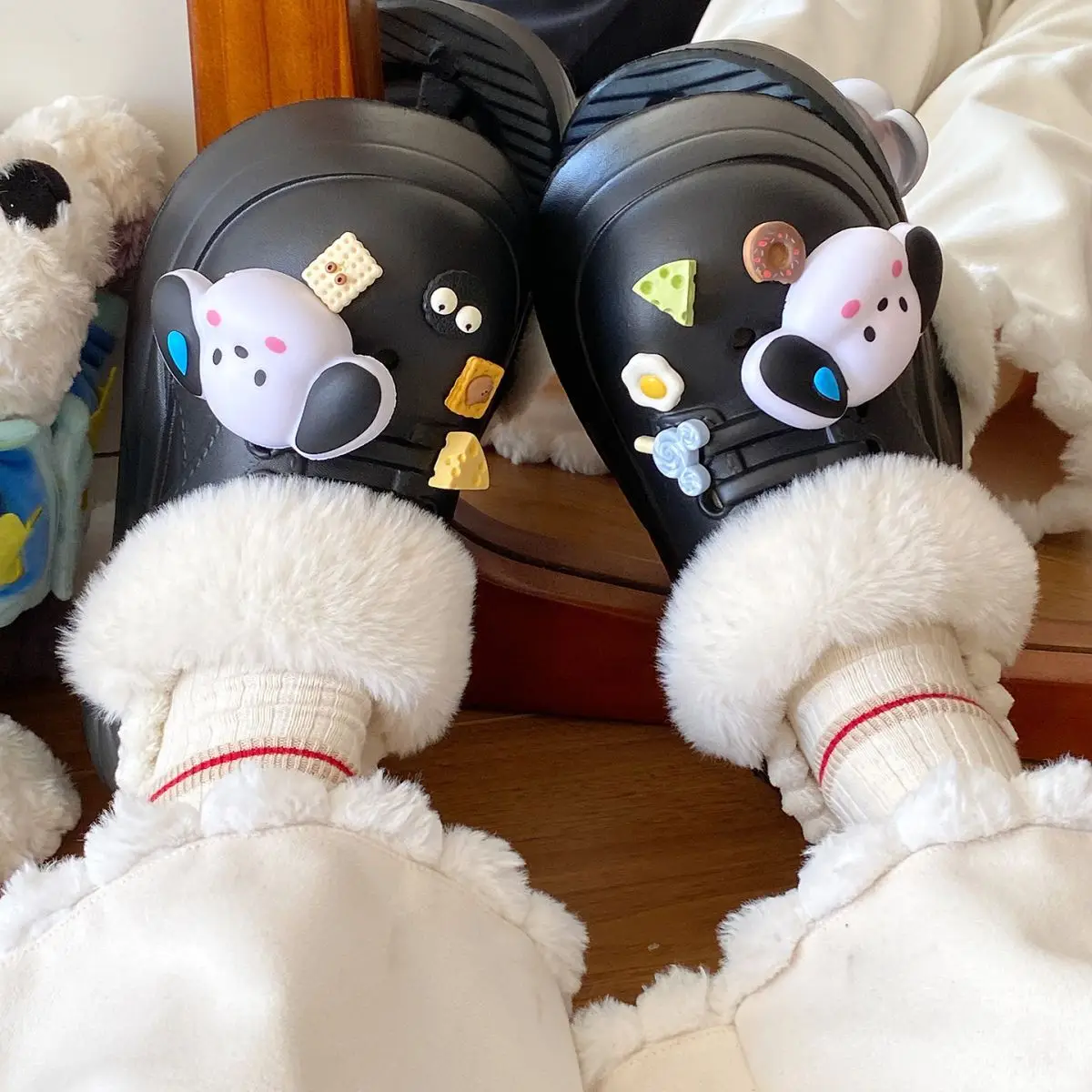 Warm Winter Dog Slippers Black with Faux Fur — feature 39