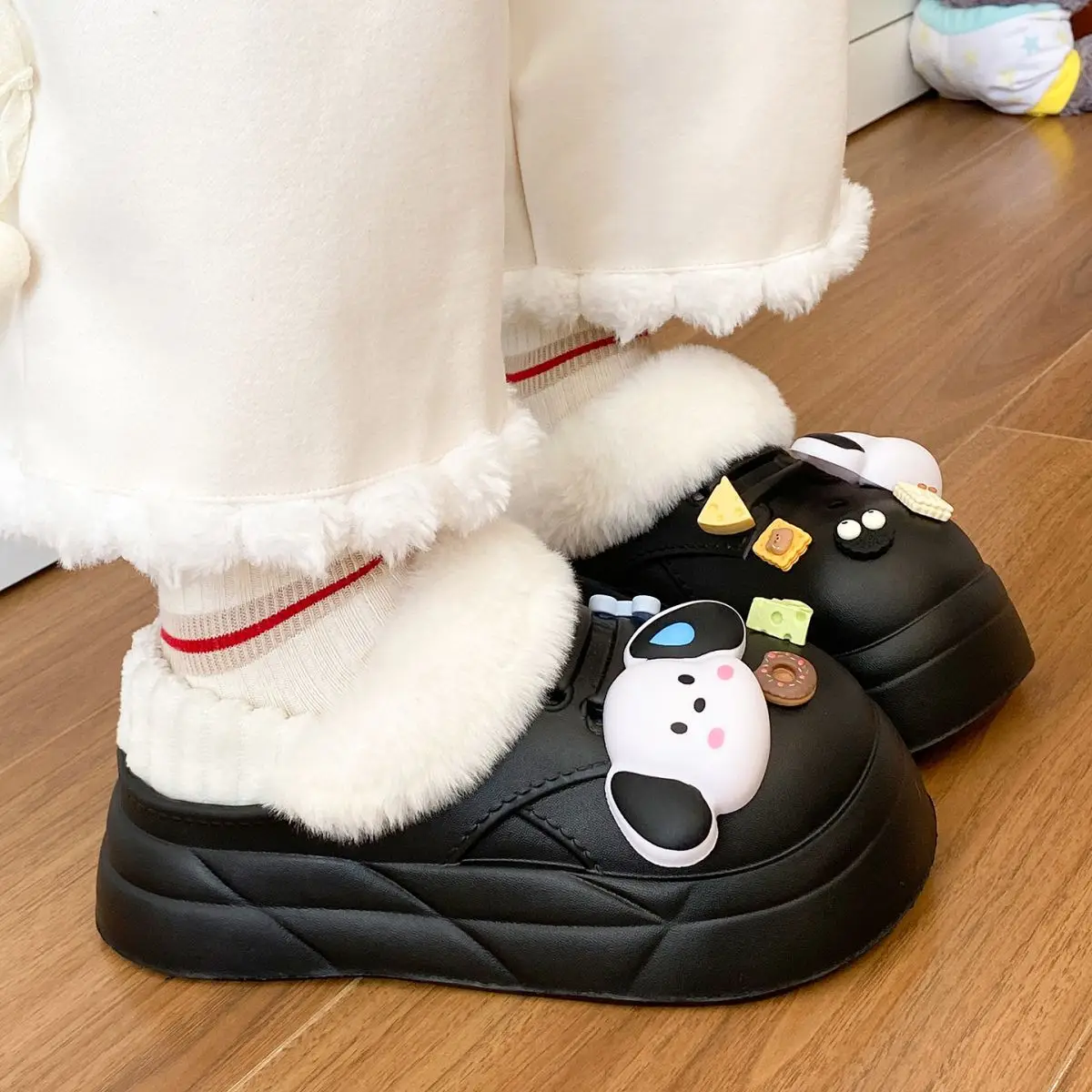 Warm Winter Dog Slippers Black with Faux Fur — feature 40