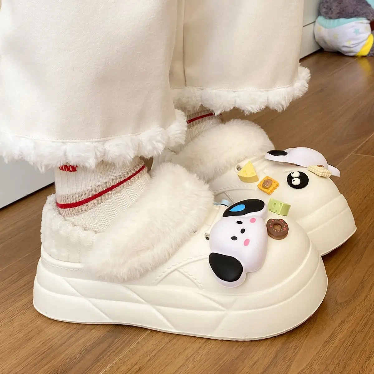 Warm Winter Dog Slippers Black with Faux Fur — feature 41