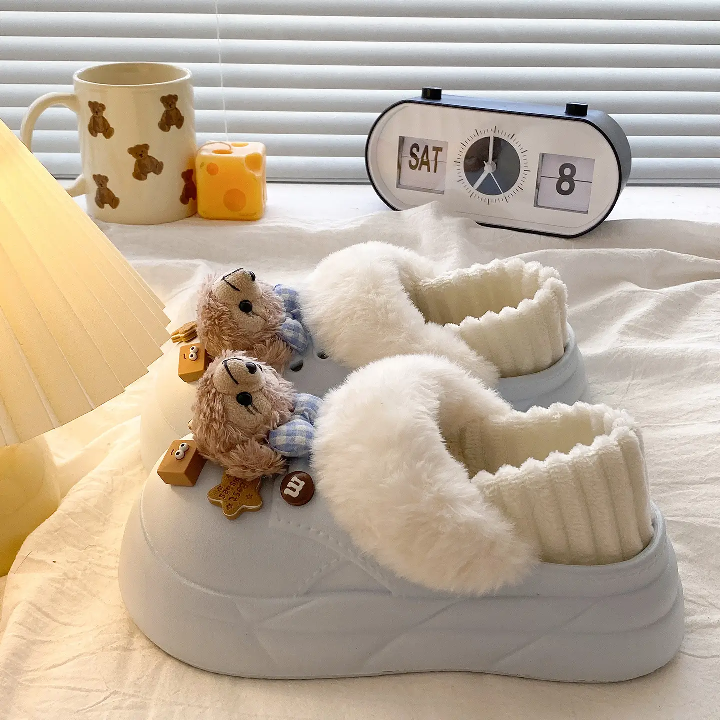 Women Faux Fur Winter Slippers Cream White - Image 47