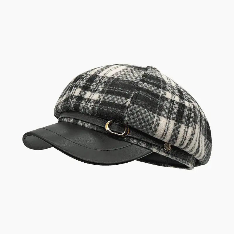 British Plaid Octagonal Hat Warm Woolen Newsboy Cap — feature 10