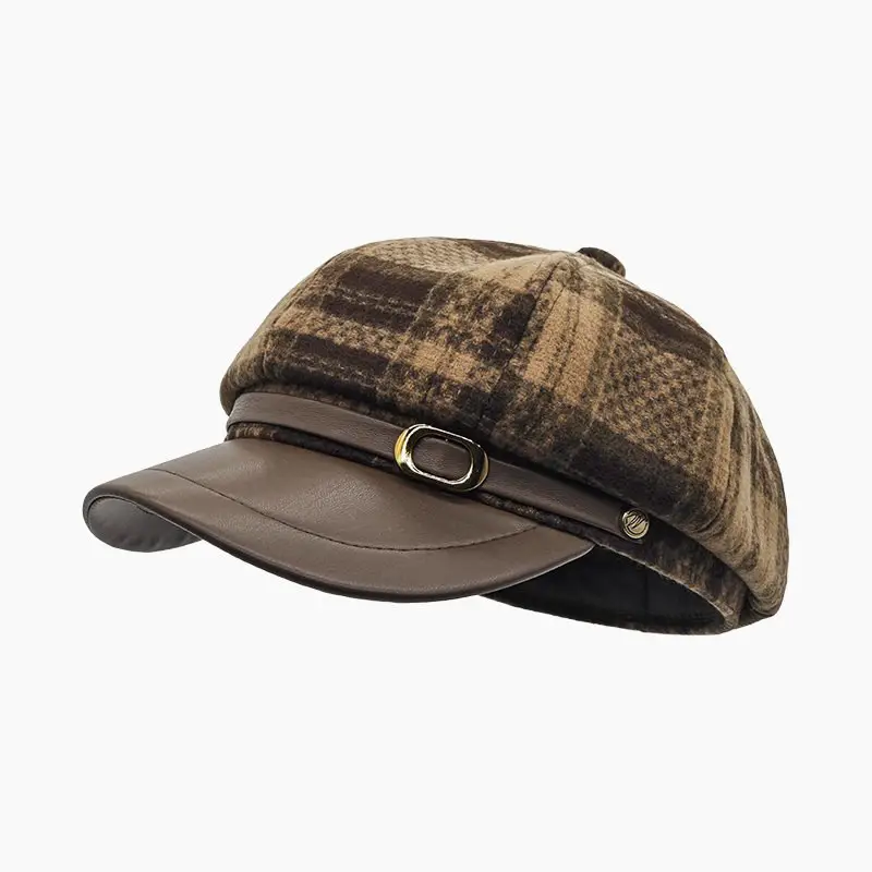 British Plaid Octagonal Hat Warm Woolen Newsboy Cap — feature 11