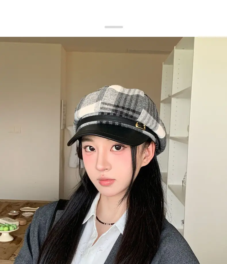 British Plaid Octagonal Hat Warm Woolen Newsboy Cap — feature 3