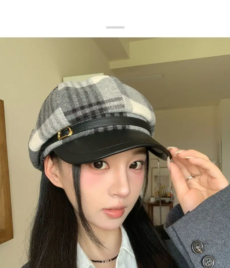 British Plaid Octagonal Hat Warm Woolen Newsboy Cap — feature 4