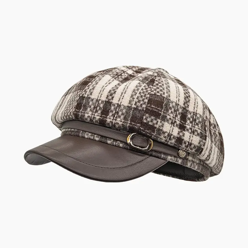 British Plaid Octagonal Hat Warm Woolen Newsboy Cap — feature 9