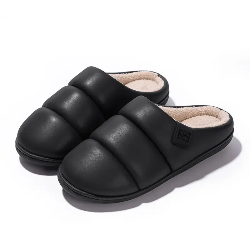 Cotton Slippers for Women in Winter Waterproof Pu Leather New Anti-Slip Warm Couple Home Leisure Indoor Leather Slippers for Men - Image 2