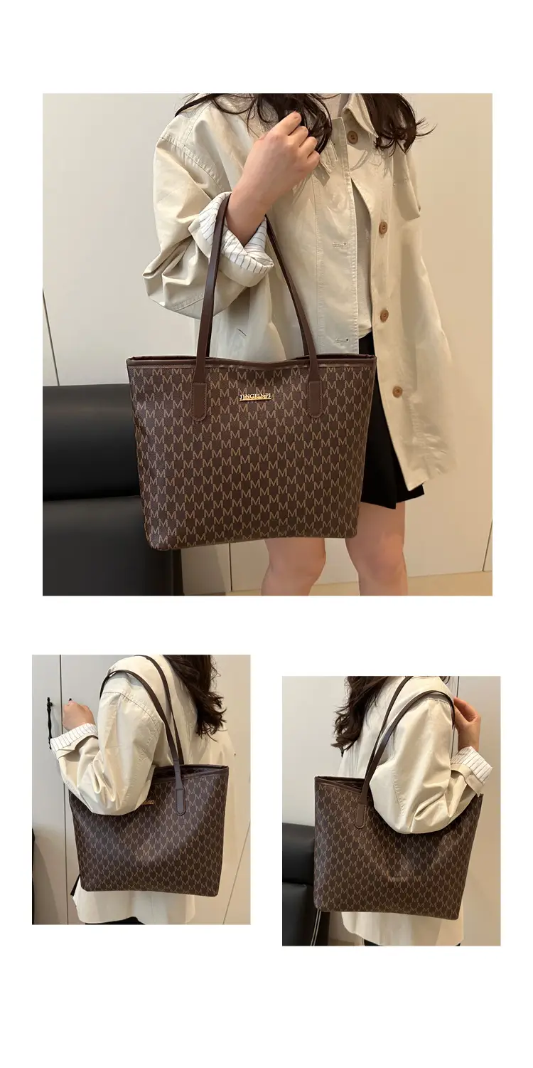 Women Large Printed Tote Bag Brown Leather Textured 2025 — feature 10