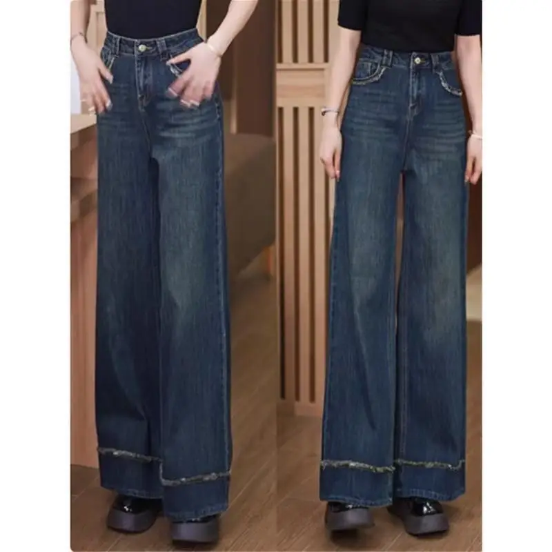 Women Retro Dark Blue High Waist Loose Flare Jeans 2025