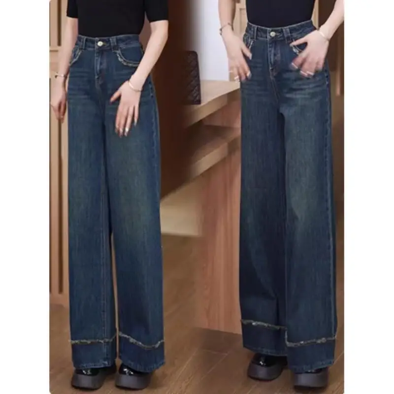 Women Retro Dark Blue High Waist Loose Flare Jeans 2025