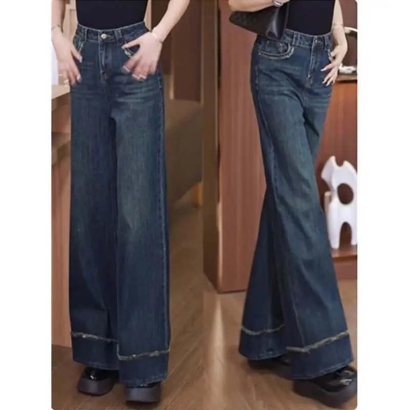 Women Retro Dark Blue High Waist Loose Flare Jeans 2025