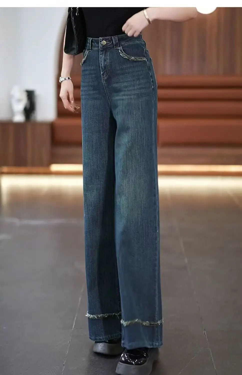 Women Retro Dark Blue High Waist Loose Flare Jeans 2025 — feature 18