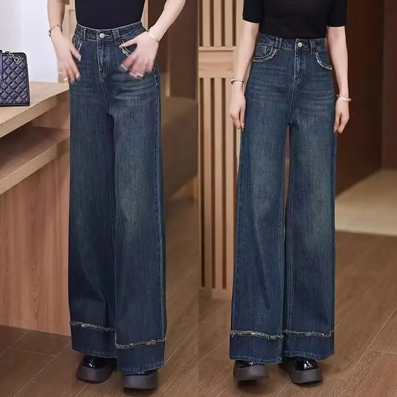 Women Retro Dark Blue High Waist Loose Flare Jeans 2025 — feature 2