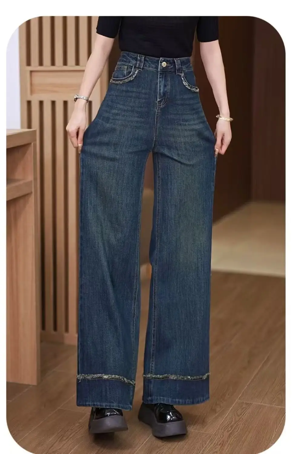 Women Retro Dark Blue High Waist Loose Flare Jeans 2025 — feature 4