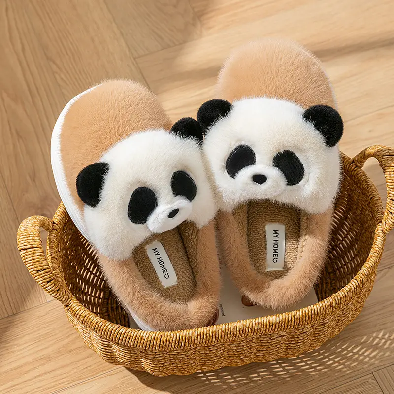 Black and White Panda Cute Cotton Slippers for Women's Home Indoor Plush Slippers Winter Warm Thick-Soled Cotton Slippers
